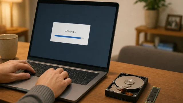 Person typing on a laptop with a progress bar reading 'Erasing...' on screen, alongside a disassembled hard drive and RAM module on a wooden desk.