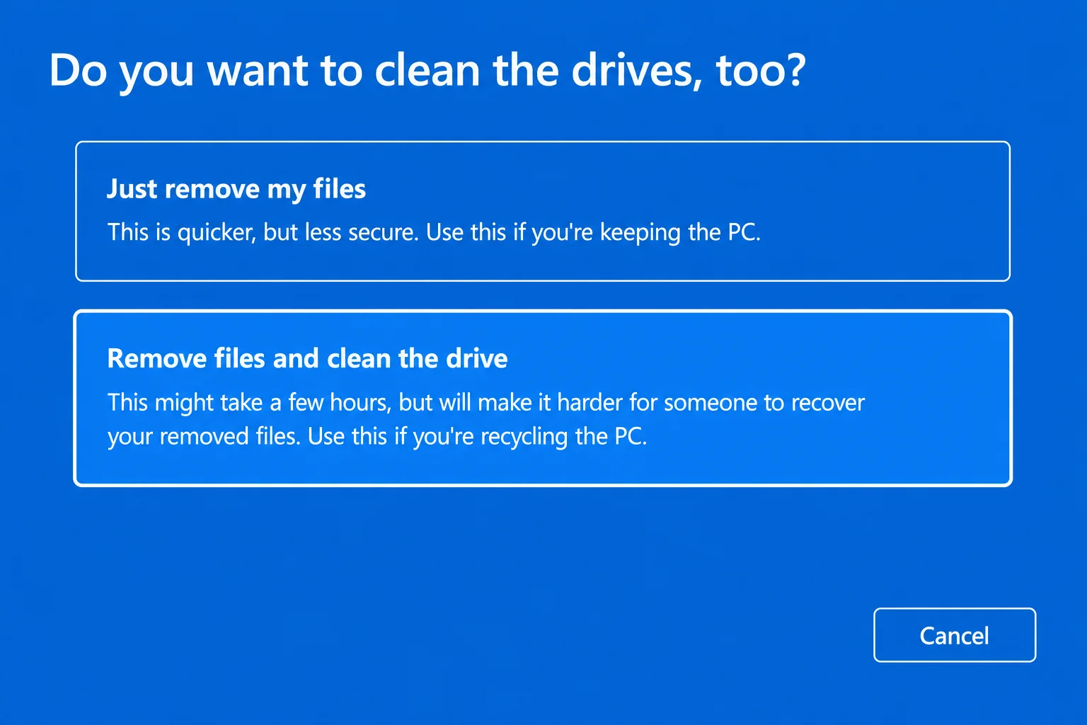 Windows 11 Settings > System > Recovery > Reset this PC dialog showing "Remove everything" selected and the "Remove files and clean the drive" option highlighted