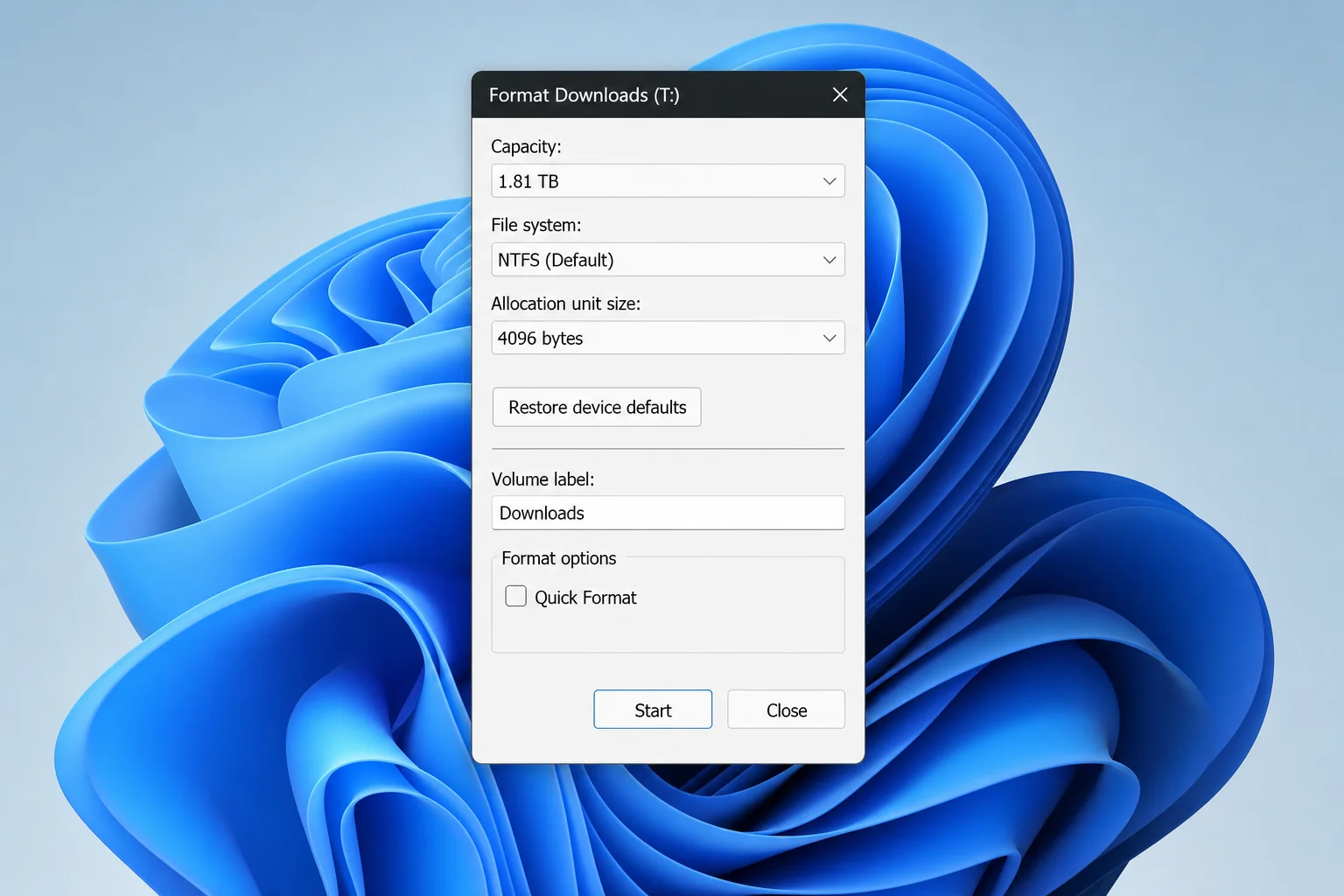 Windows 11 File Explorer Format dialog with Quick Format checkbox unchecked and the file system dropdown visible