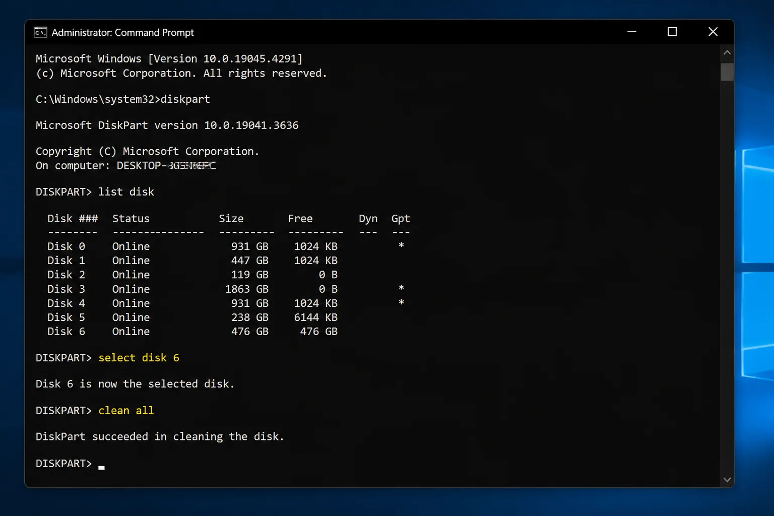 Windows Terminal showing diskpart with list disk output and clean all command entered, drive selected highlighted