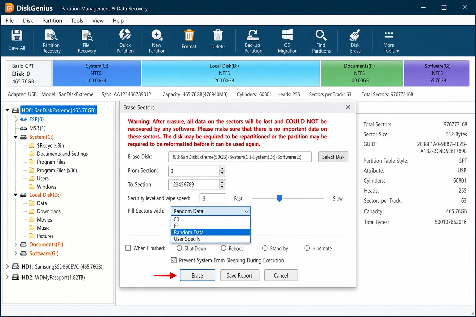 DiskGenius Free with a disk selected in the left pane and the Tools > Erase Sectors dialog open, showing wiping pattern options
