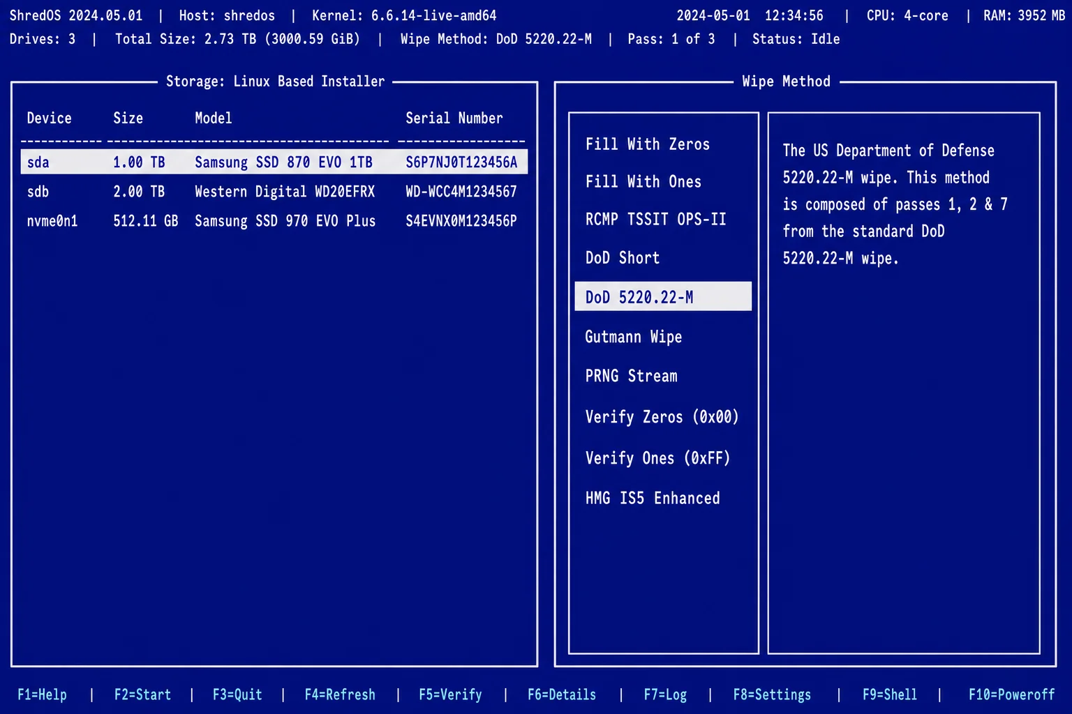 ShredOS bootable interface showing a list of detected drives with one selected and the wipe method options visible