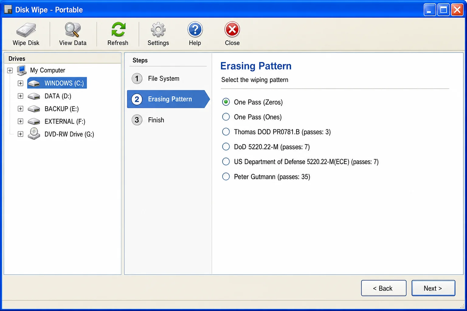 Disk Wipe application showing a drive selected in the list and the wipe method dropdown with single-pass option chosen