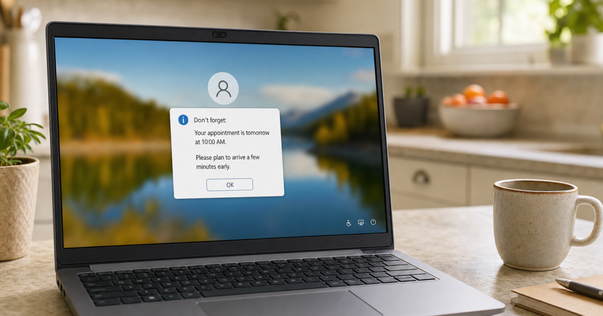 Laptop on a kitchen counter displaying a reminder: 'Your appointment is tomorrow at 10:00 AM. Please arrive a few minutes early.'