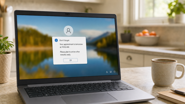 Laptop on a kitchen counter displaying a reminder: 'Your appointment is tomorrow at 10:00 AM. Please arrive a few minutes early.'