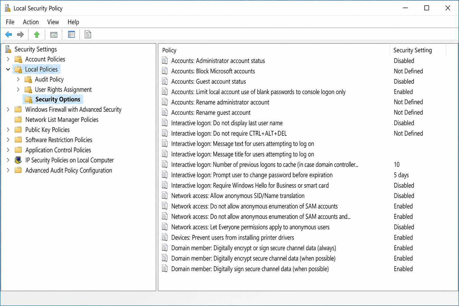 Local Security Policy editor with Security Settings > Local Policies > Security Options selected in the left pane