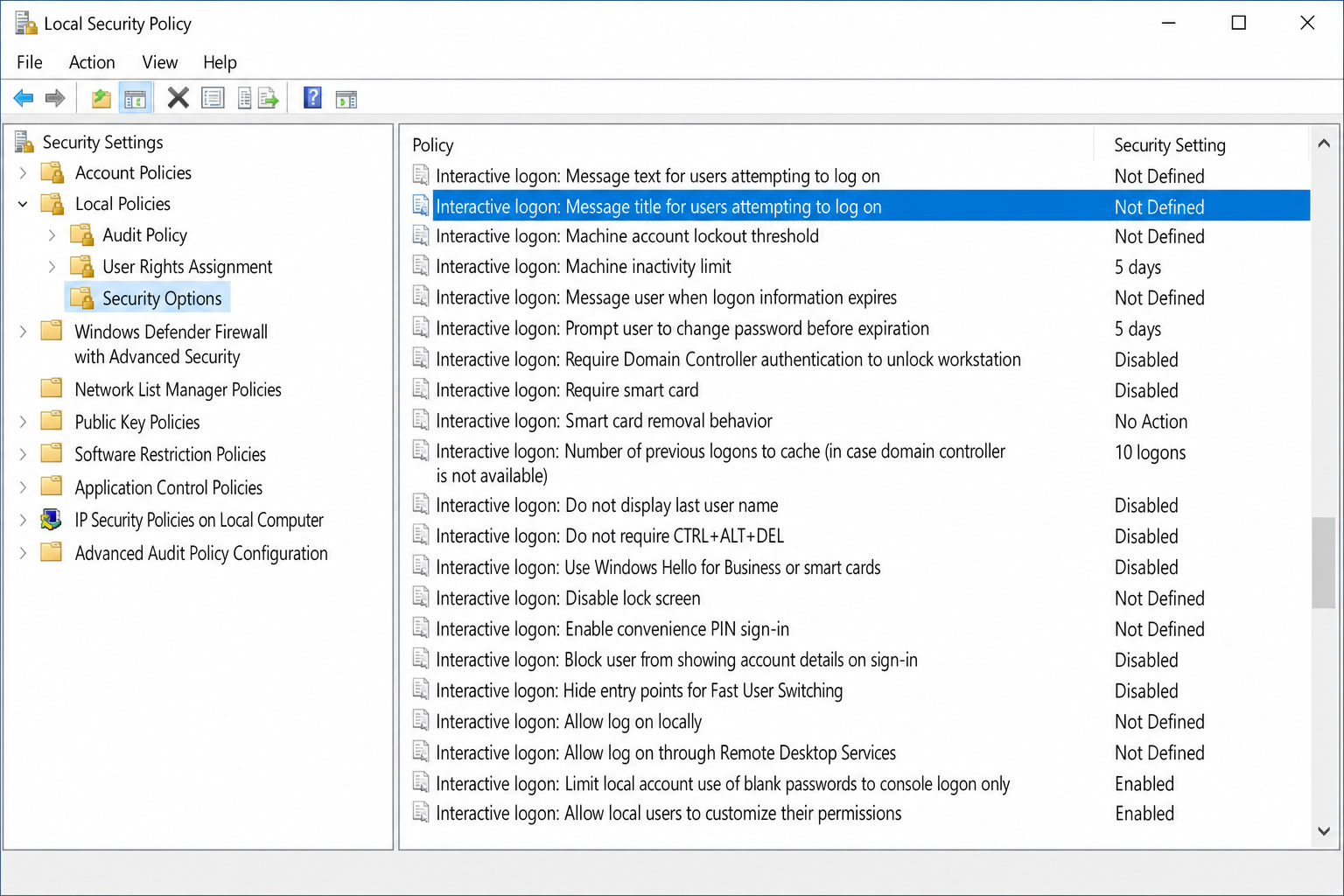 Local Security Policy Security Options list with "Interactive logon: Message title for users attempting to log on" highlighted