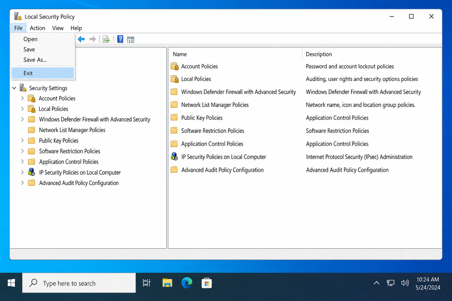 Local Security Policy editor File menu open with Exit option visible