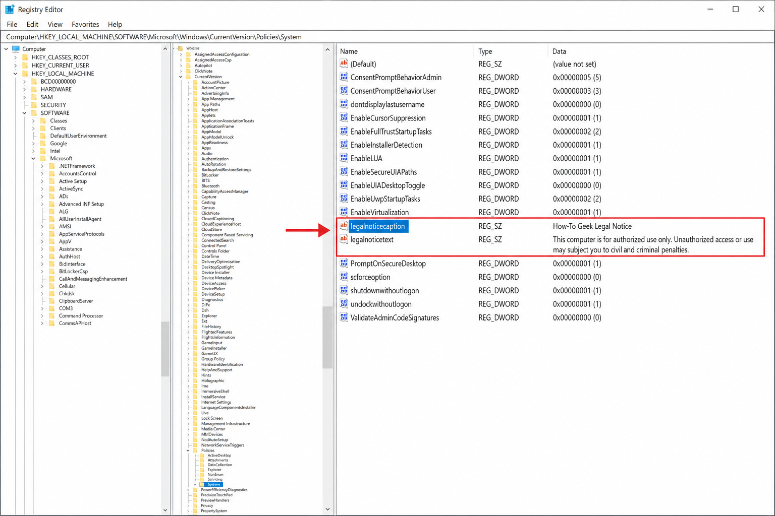 Registry Editor with HKEY_LOCAL_MACHINE\SOFTWARE\Microsoft\Windows\CurrentVersion\Policies\System selected and legalnoticecaption and legalnoticetext values visible in the right pane