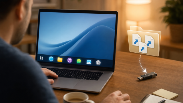 Person using a laptop while a USB flash drive transfers files to a nearby folder icon animation on the desk.