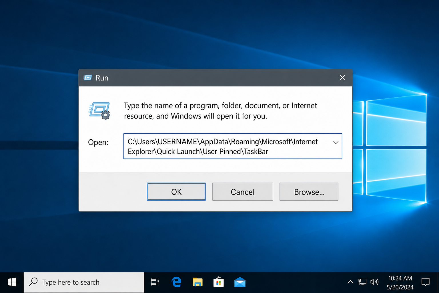 Run dialog with the TaskBar folder path pasted into the Open field