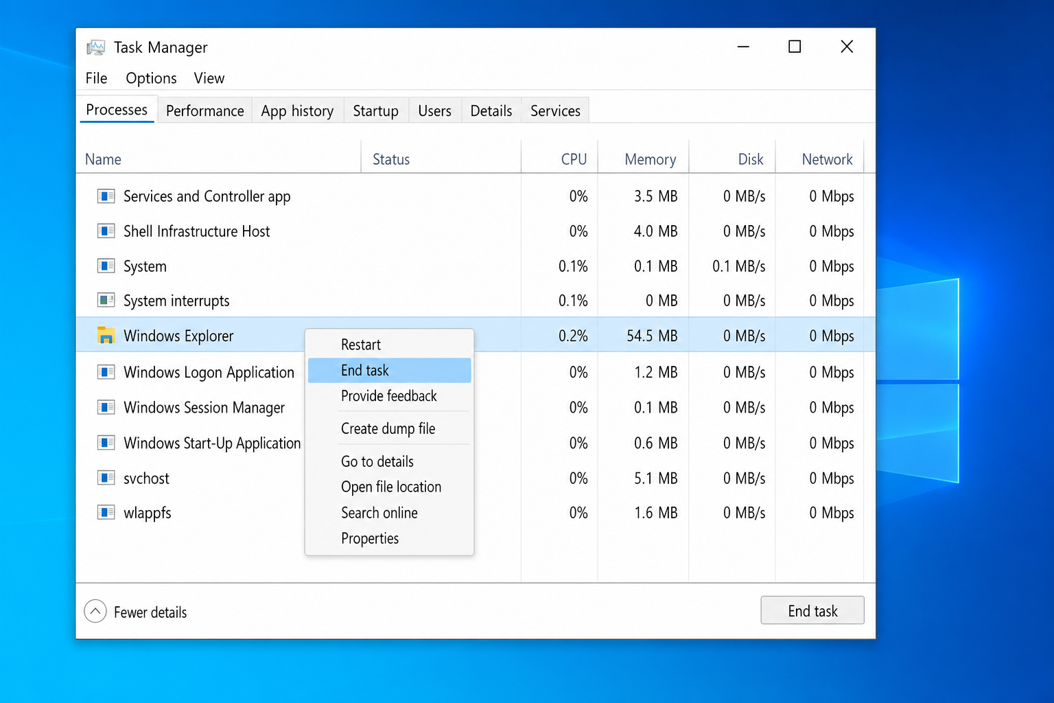 Task Manager Processes tab with Windows Explorer right-clicked and End task highlighted