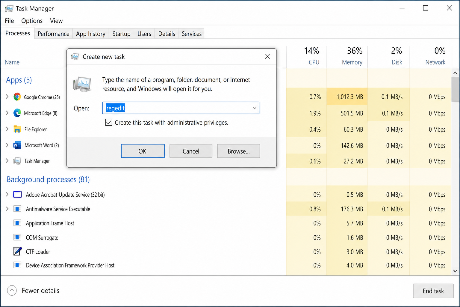 Task Manager "Create new task" dialog with regedit typed in the Open field