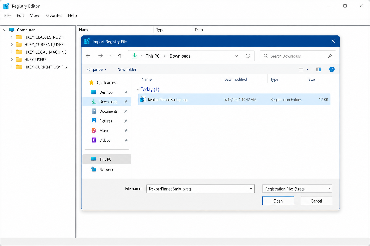 Registry Editor File > Import dialog with TaskbarPinnedBackup.reg selected