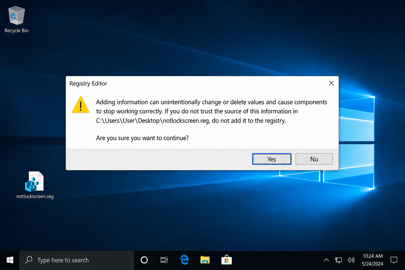 Registry Editor warning dialog asking to confirm adding the .reg file contents to the registry