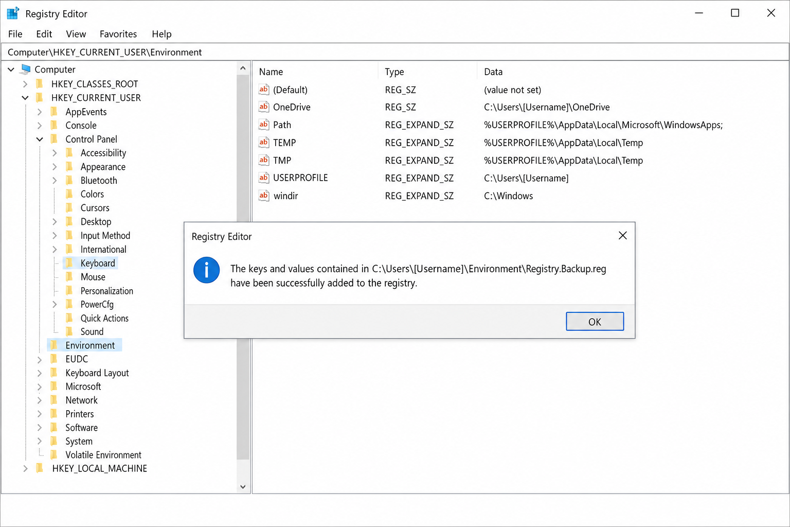 Registry Editor confirmation dialog saying the keys were successfully added to the registry