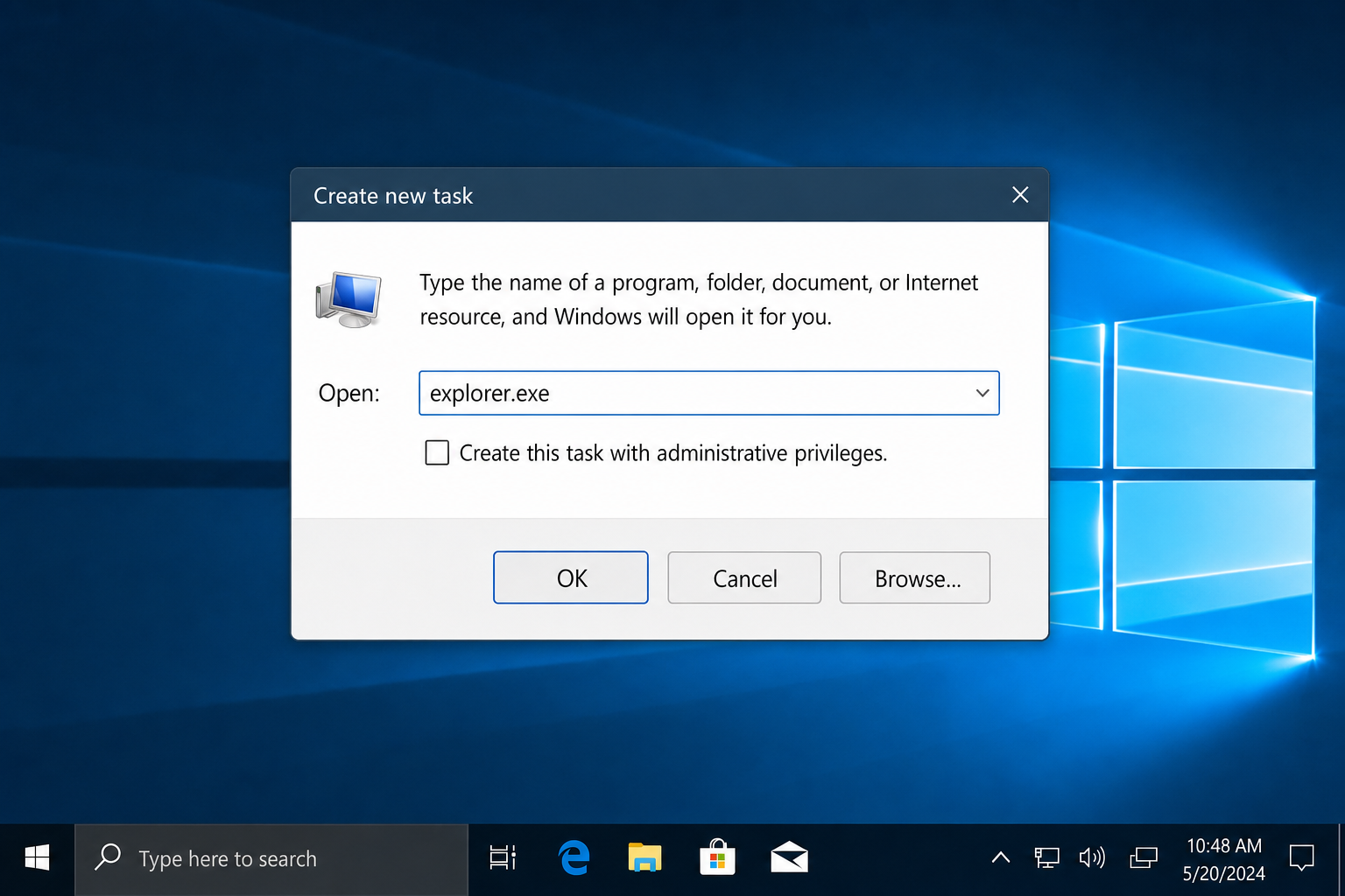 Task Manager "Create new task" dialog with explorer typed in the Open field
