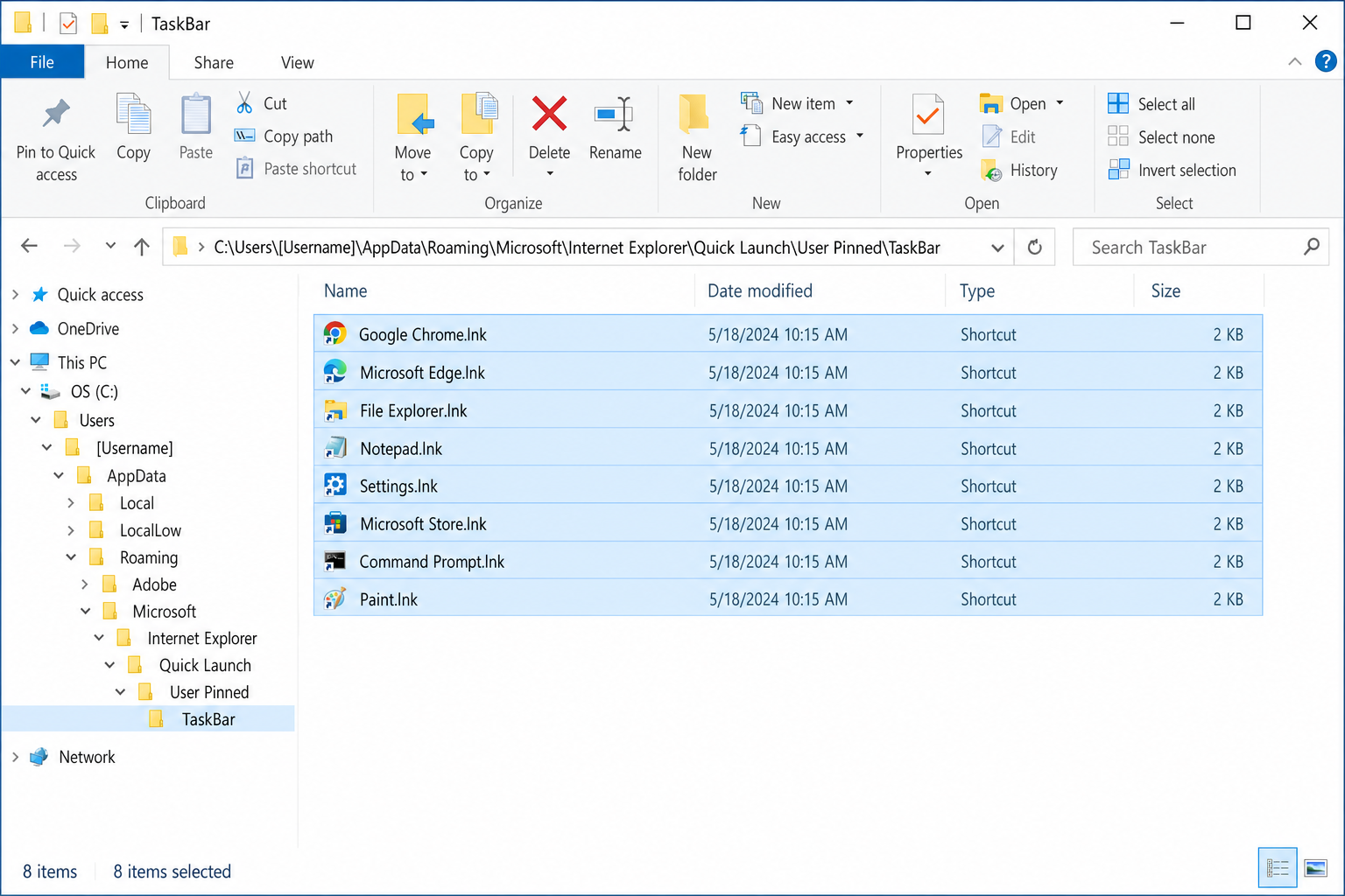 File Explorer showing the TaskBar folder contents with all .lnk shortcut files selected
