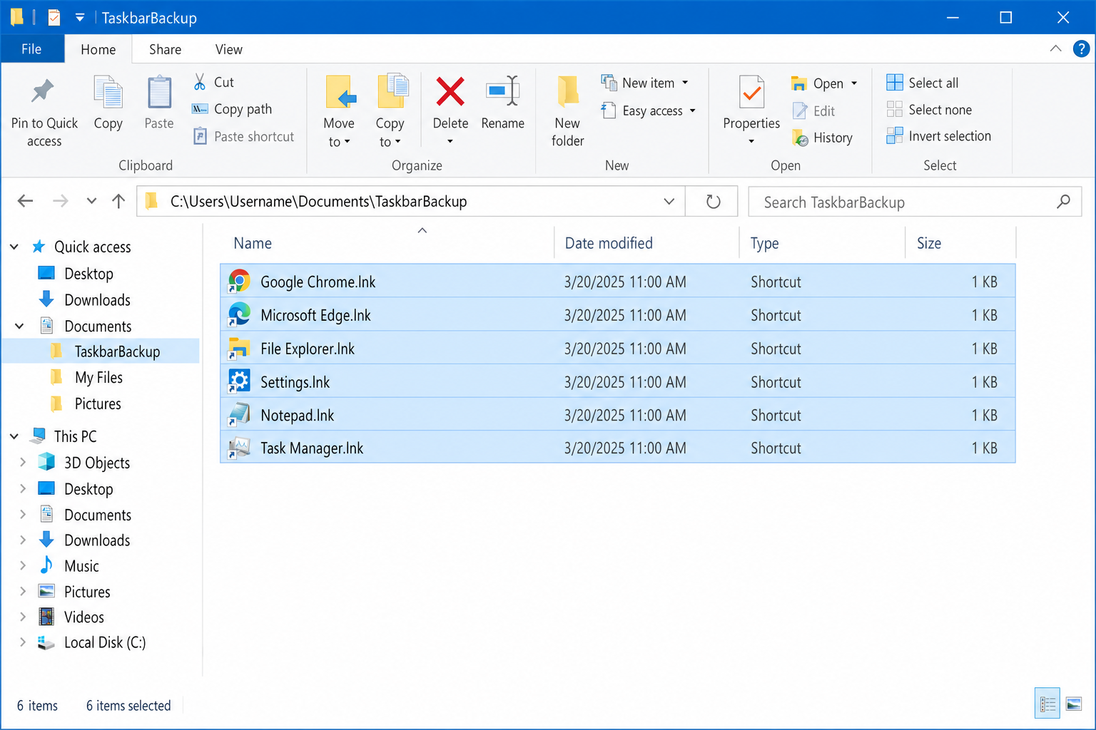 File Explorer showing .lnk shortcut files pasted into a backup folder