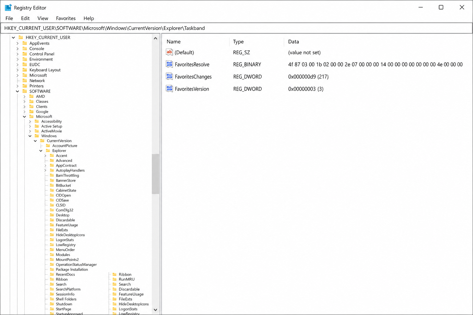 Registry Editor with the Taskband key selected in the left pane, address bar showing the full path