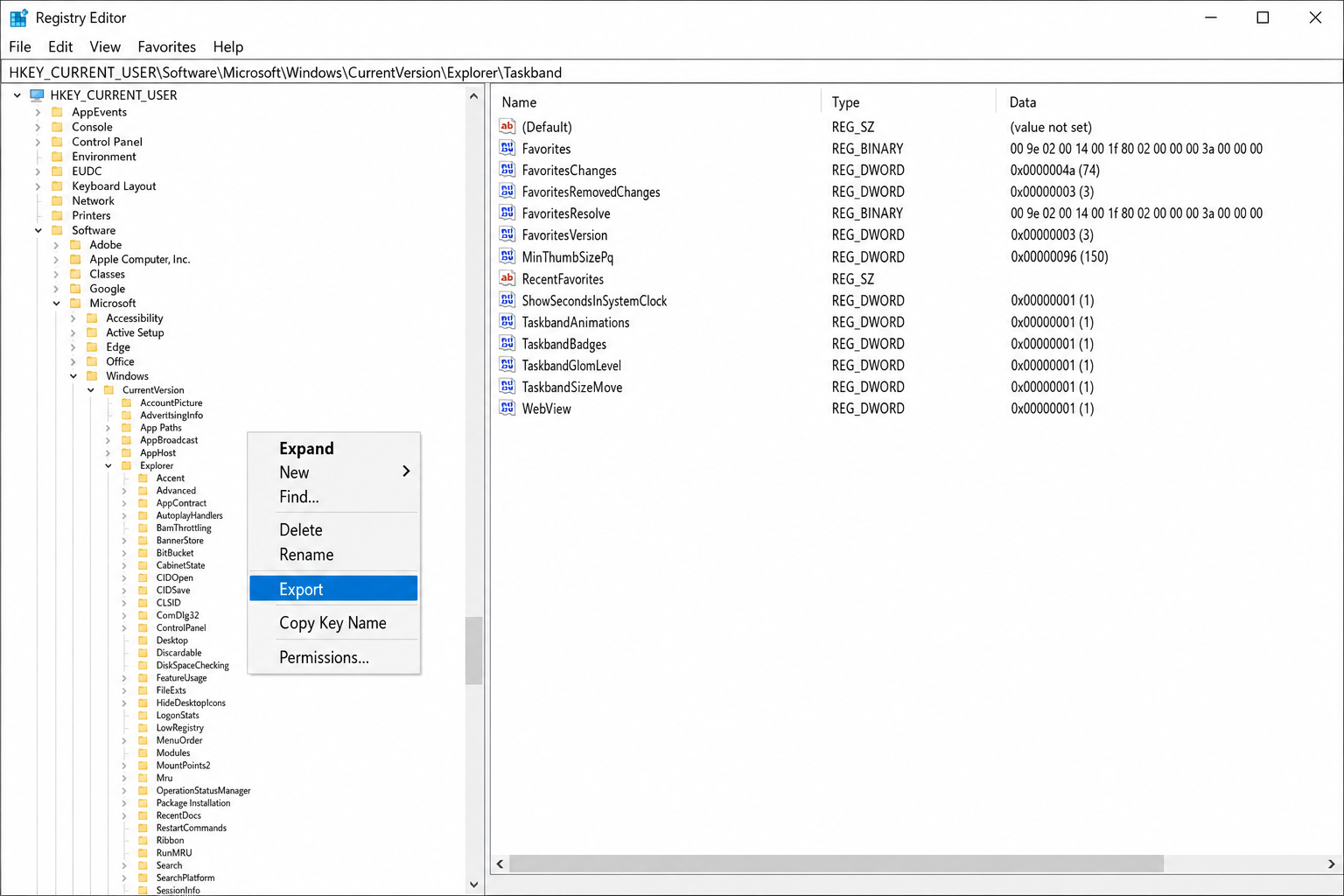 Registry Editor right-click context menu on the Taskband key with Export highlighted