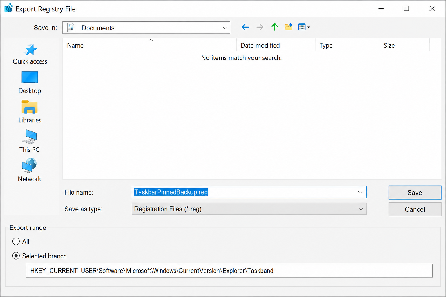 Export Registry File dialog with Selected branch chosen, file named TaskbarPinnedBackup.reg, and Save button visible
