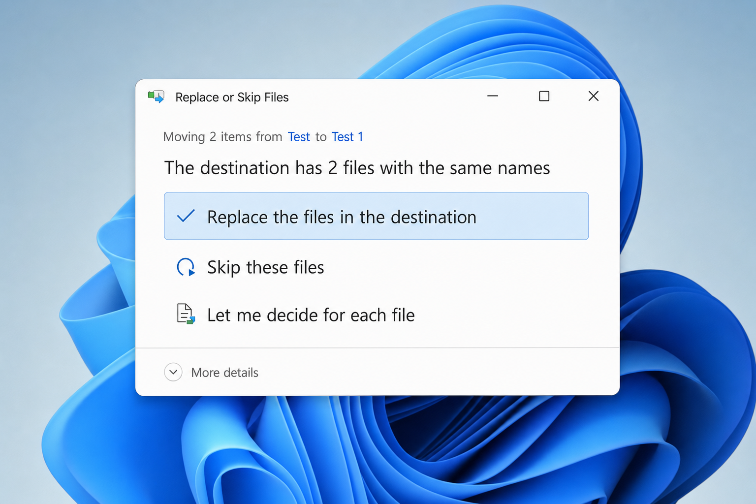 File Explorer copy conflict dialog with "Replace the files in the destination" option highlighted