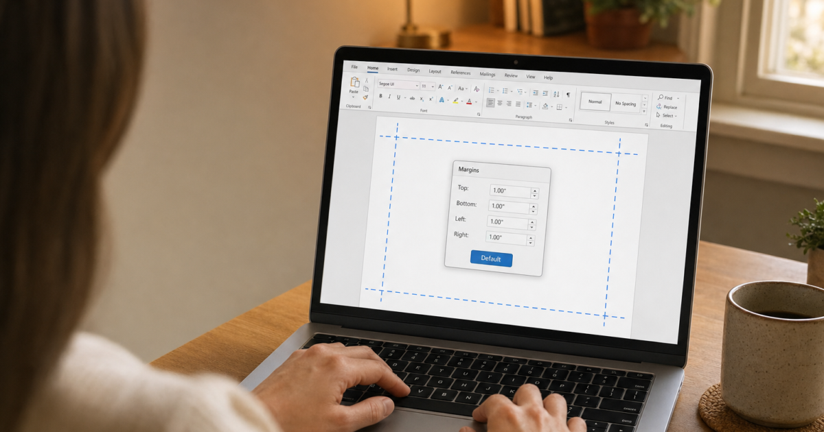 Person typing on a laptop at a wooden desk; a document margins dialog is open on screen.