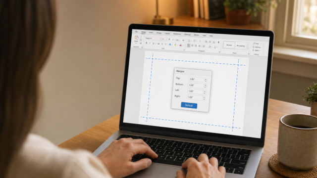 Person typing on a laptop at a wooden desk; a document margins dialog is open on screen.