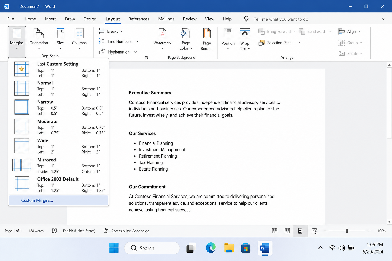 Layout tab with Margins dropdown open and Custom Margins option highlighted at the bottom