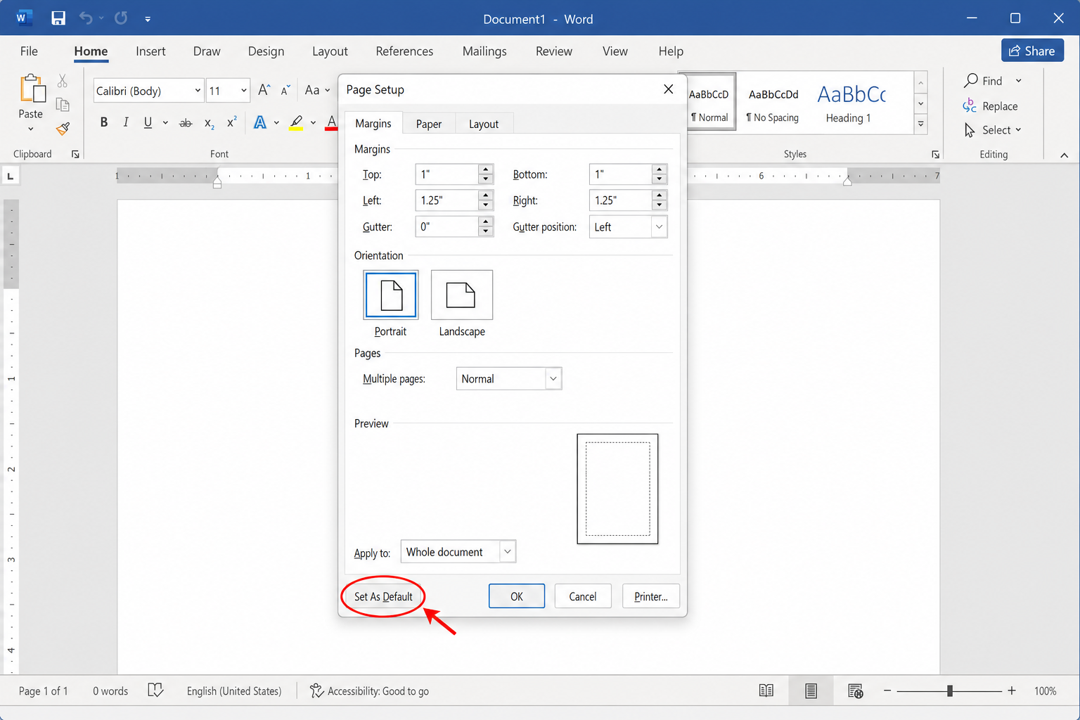 Page Setup dialog on the Margins tab with custom margin values entered and the Set As Default button highlighted