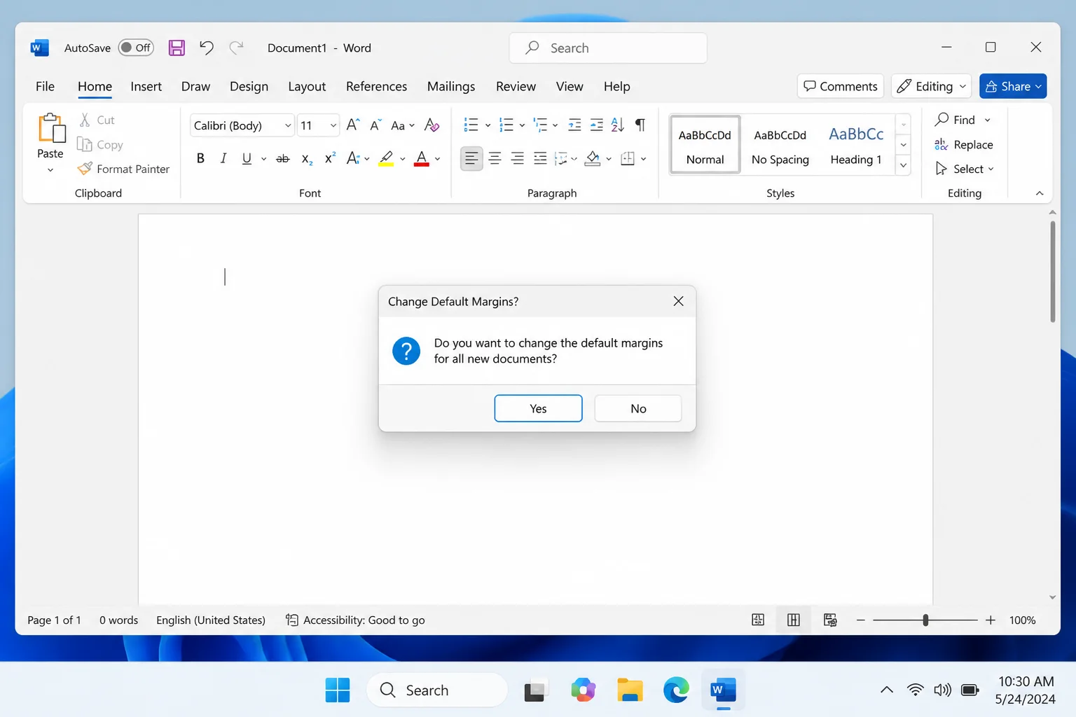 Previous image showed an ancient Word 2003/Windows XP-era confirmation dialog, but this article covers Microsoft 365/Word 2021 on Windows 10/11. Capture a modern Word confirmation dialog (current Fluent/Office UI, Windows 10/11 chrome) asking whether to change default page setup/margins, with Yes highlighted.