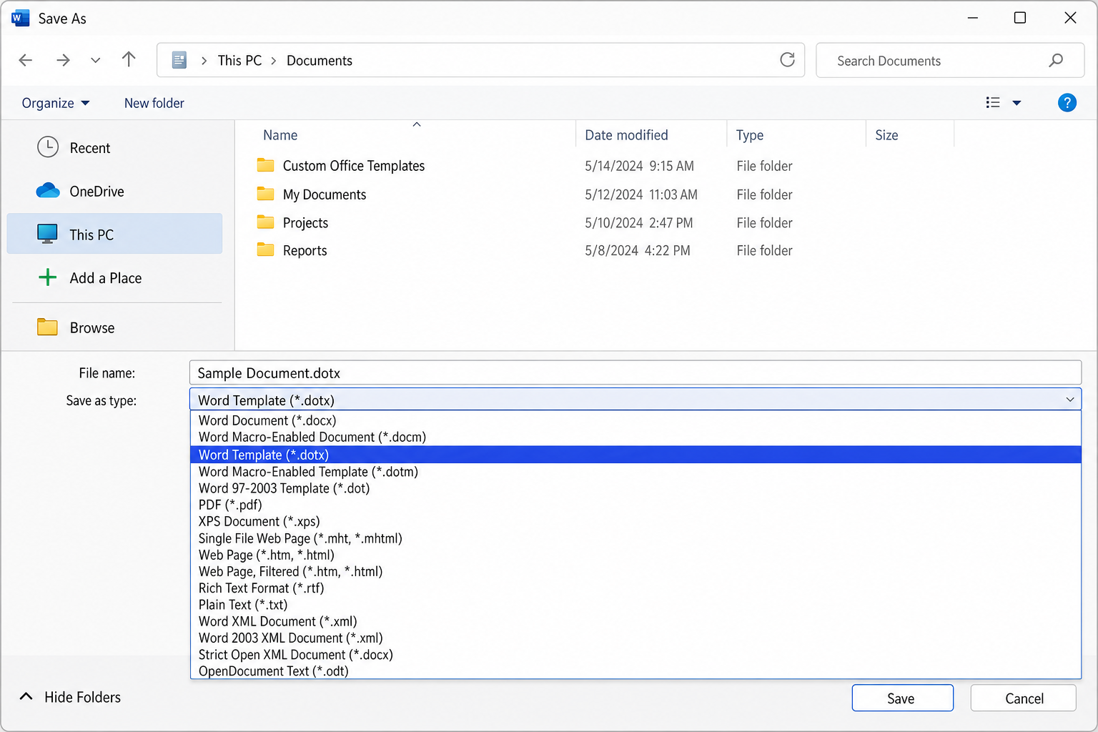 Word Save As dialog with "Word Template (*.dotx)" selected in the Save as type dropdown