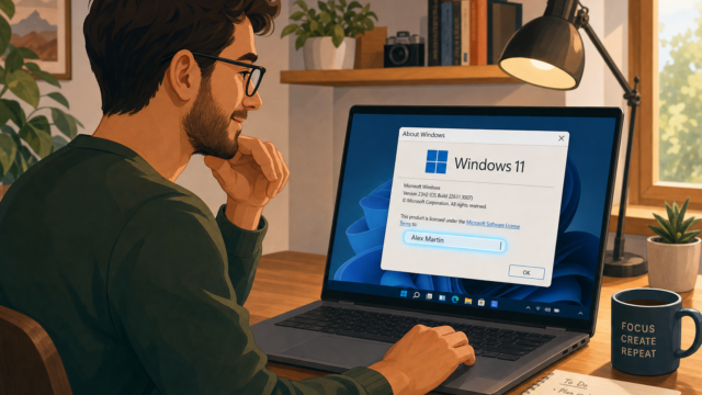 Man with glasses at a wooden desk typing on a laptop, Windows 11 'About Windows' dialog open on screen.
