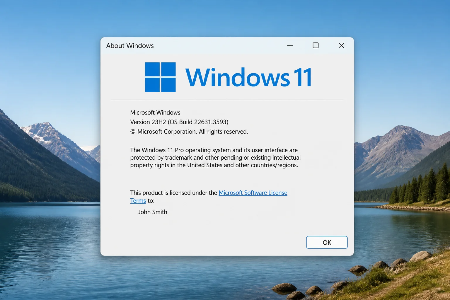 Windows 11 About Windows (winver) dialog showing the registered owner name beneath the version information