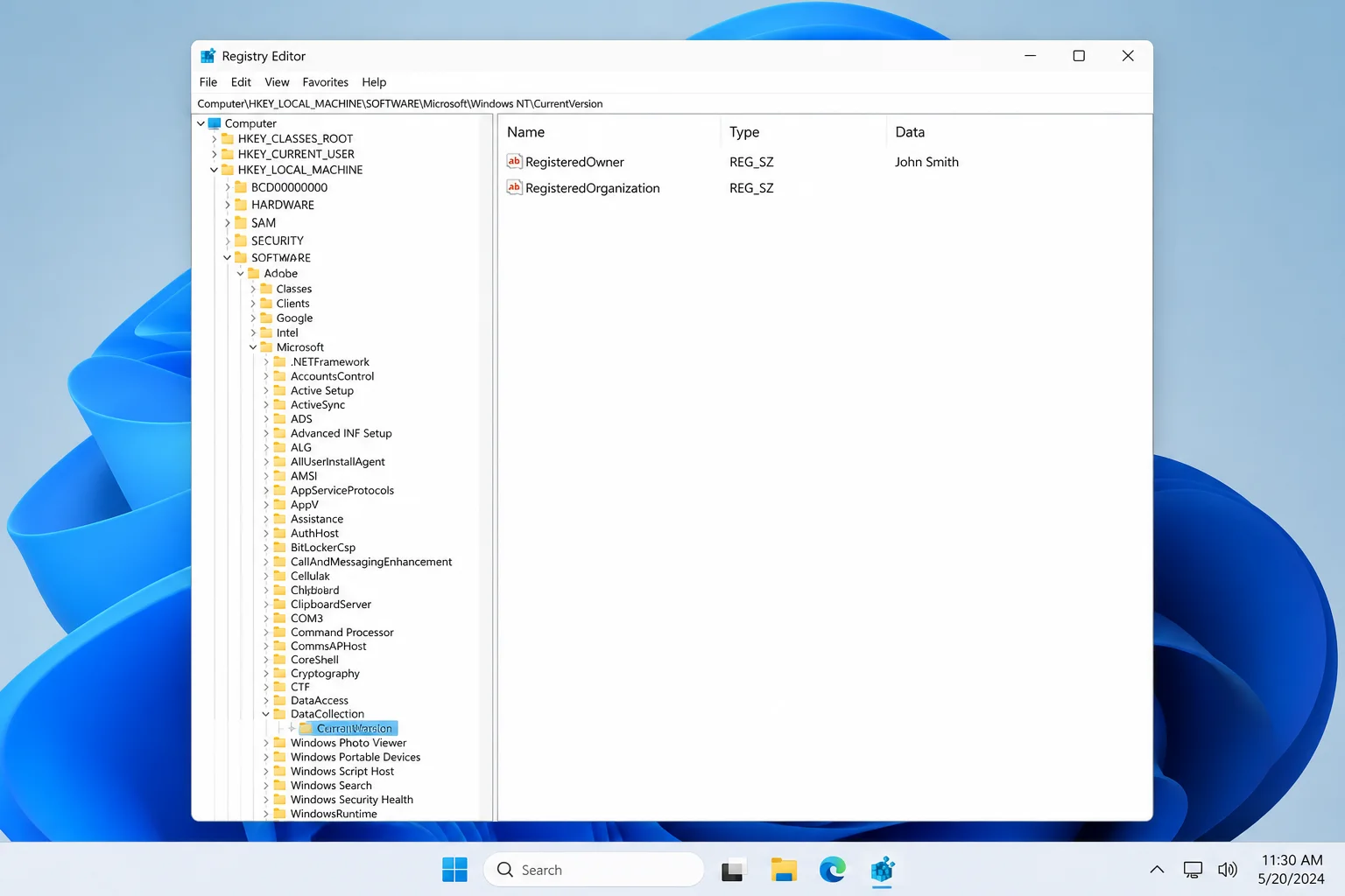 Windows 11 Registry Editor open to HKEY_LOCAL_MACHINE\SOFTWARE\Microsoft\Windows NT\CurrentVersion with the RegisteredOwner and RegisteredOrganization values visible in the right pane