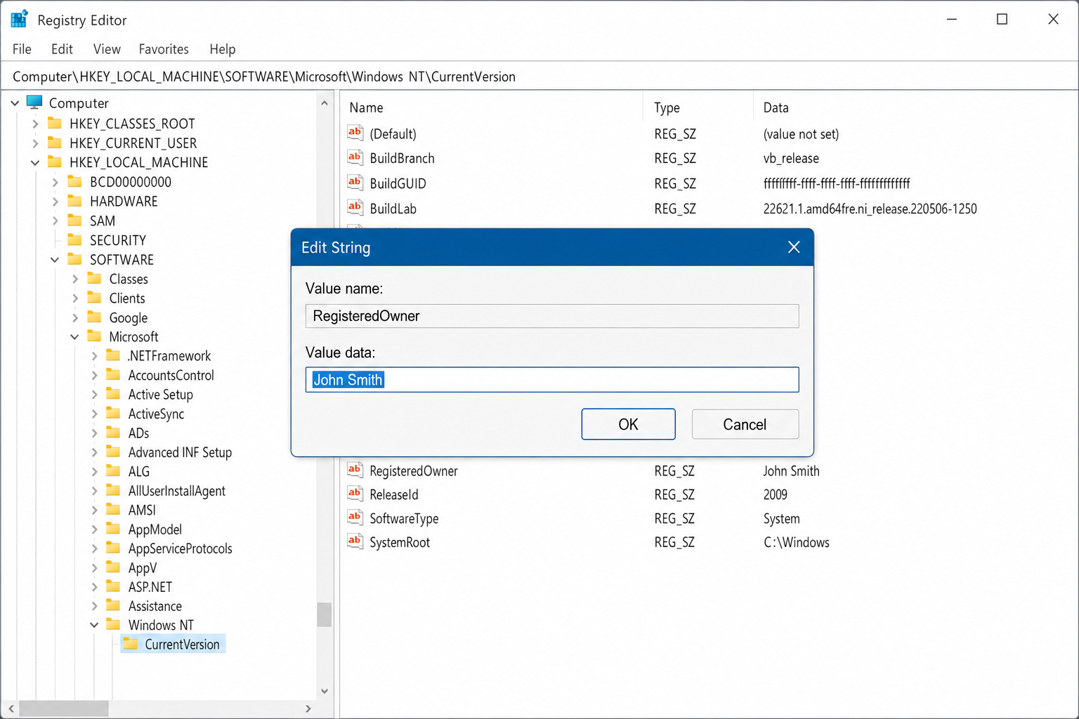 Registry Editor "Edit String" dialog box with RegisteredOwner selected and a new name entered in the Value data field