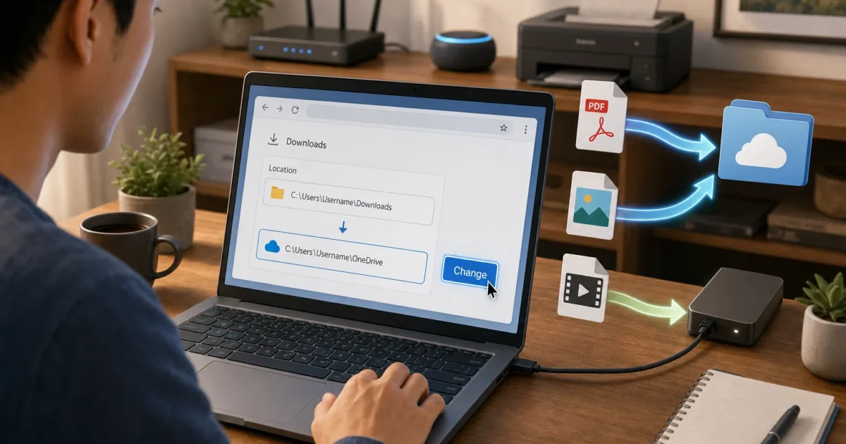 Person at a desk uses a laptop to move files from Downloads to cloud storage on-screen.