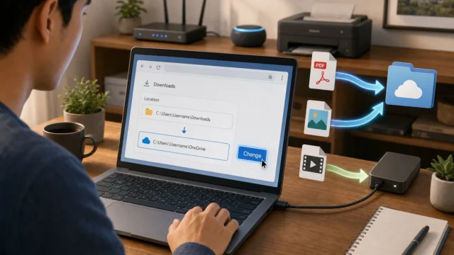 Person at a desk uses a laptop to move files from Downloads to cloud storage on-screen.