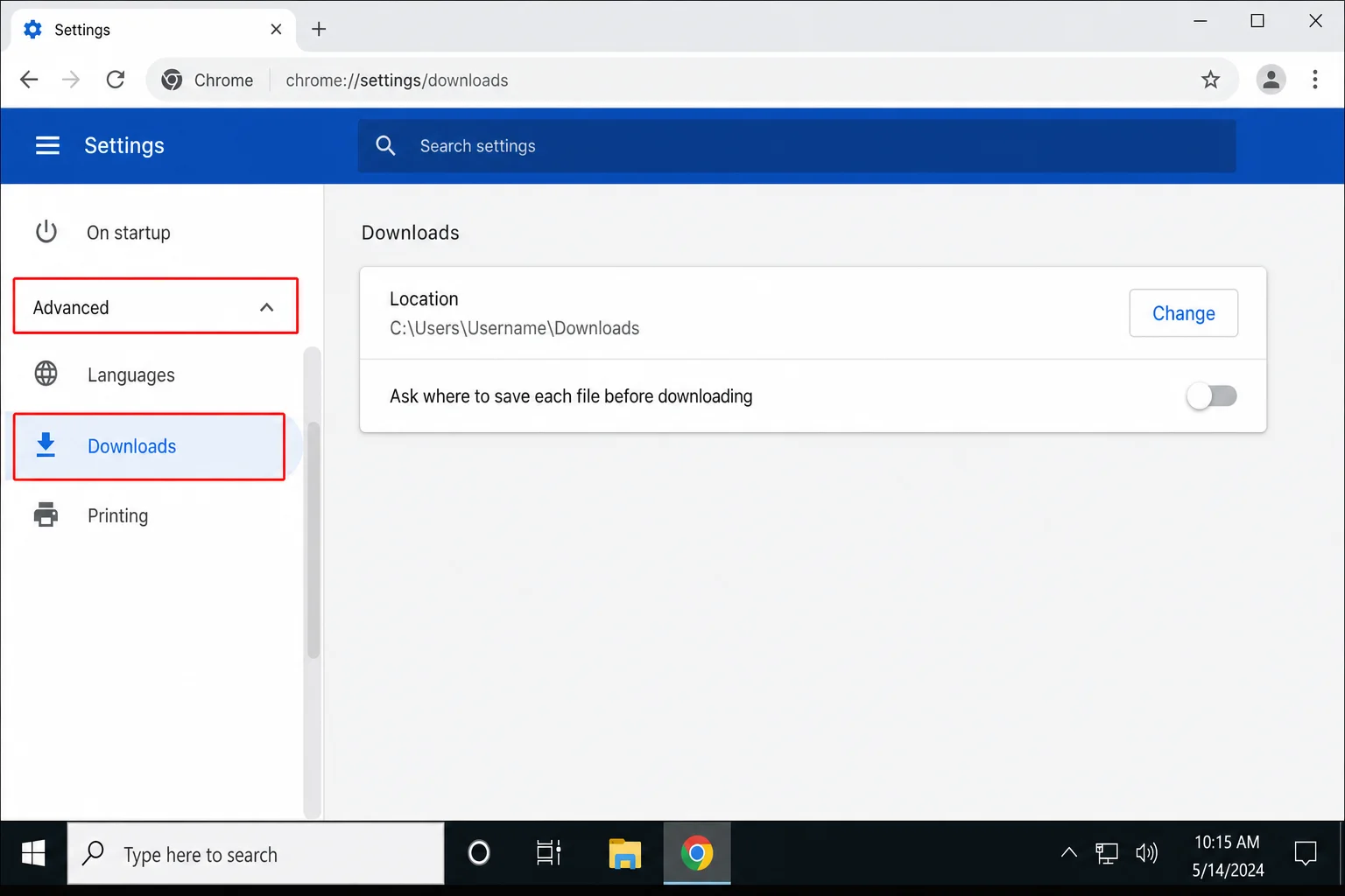 Chrome Settings page with "Downloads" selected in the left sidebar, showing the Location field and Change button