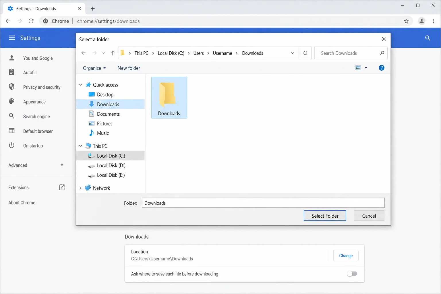 Windows file picker dialog open from Chrome's Downloads settings, with a custom folder selected and "Select Folder" button highlighted