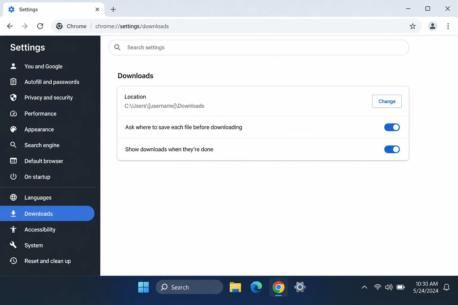 Chrome Settings > Downloads panel with "Ask where to save each file before downloading" toggle switched on
