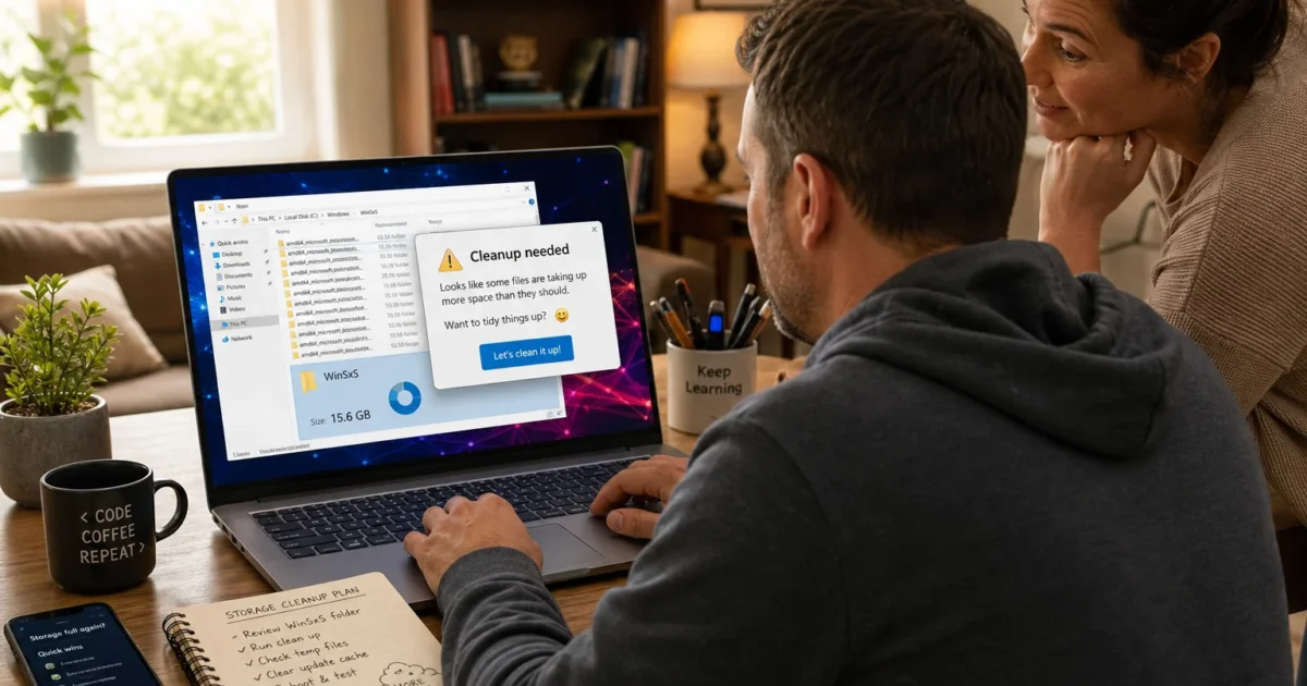 Man typing on a laptop while a woman leans in, both looking at a 'Cleanup needed' storage alert on screen in a cozy home office. (informative)