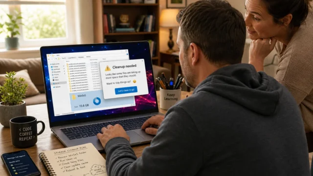 Man typing on a laptop while a woman leans in, both looking at a 'Cleanup needed' storage alert on screen in a cozy home office. (informative)