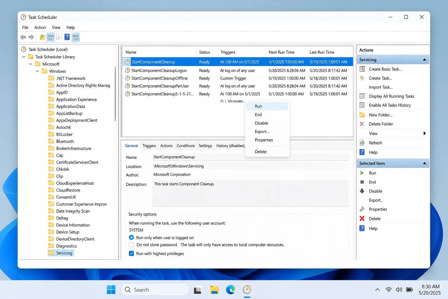 Task Scheduler on Windows 11 with the navigation tree expanded to show Task Scheduler Library > Microsoft > Windows >