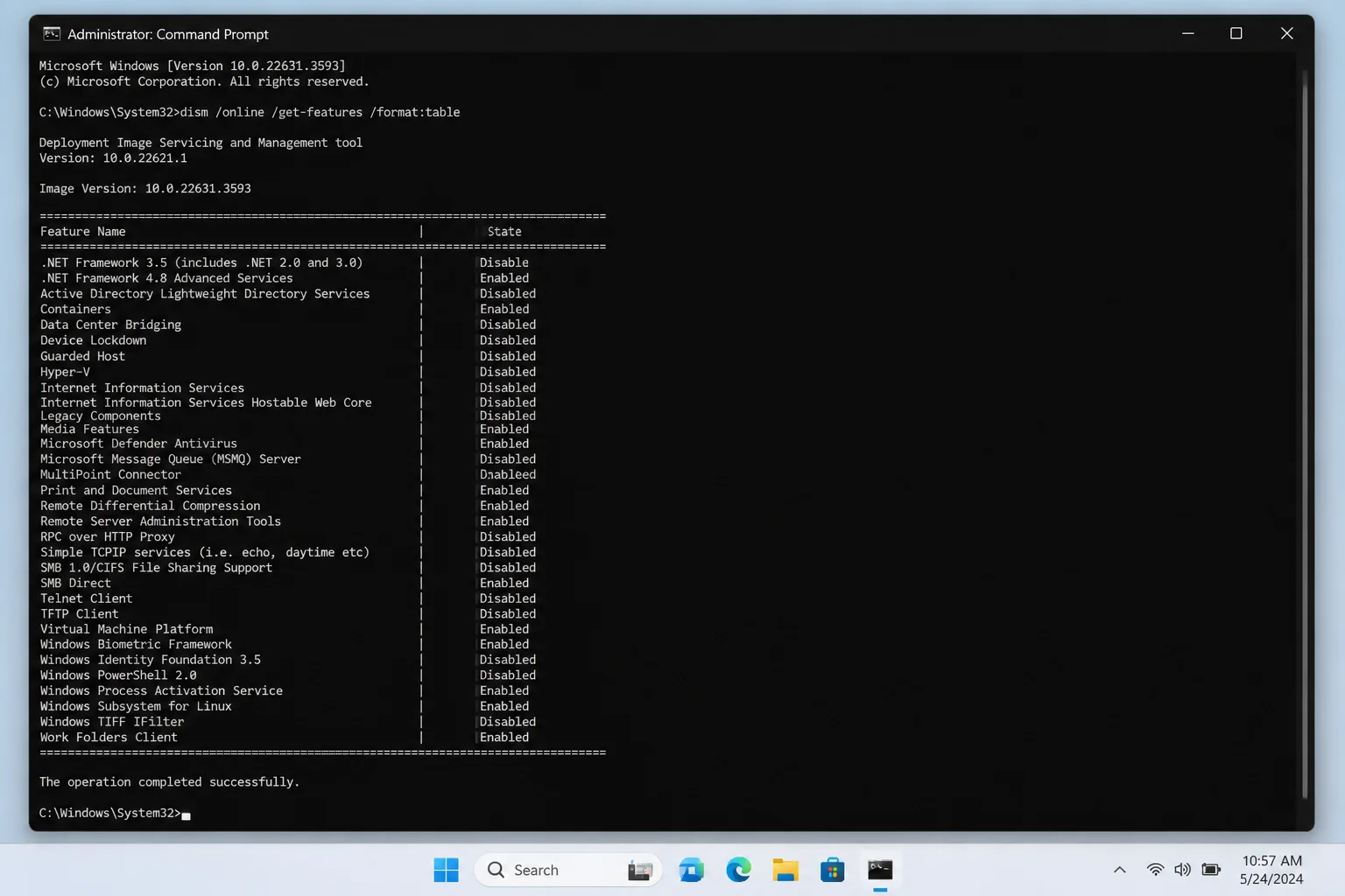 Elevated Command Prompt on Windows 11 displaying the tabular output of DISM /Get-Features /Format:Table, showing two columns