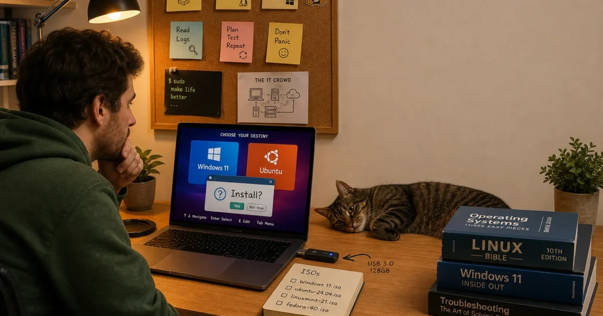 Person in a green hoodie sits at a wooden desk, eyes on a laptop screen showing Windows 11 and Ubuntu options, with a cat curled beside a stack of Linux/Windows books and a corkboard of sticky notes behind them.