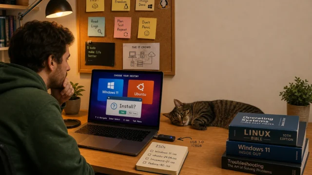Person in a green hoodie sits at a wooden desk, eyes on a laptop screen showing Windows 11 and Ubuntu options, with a cat curled beside a stack of Linux/Windows books and a corkboard of sticky notes behind them.