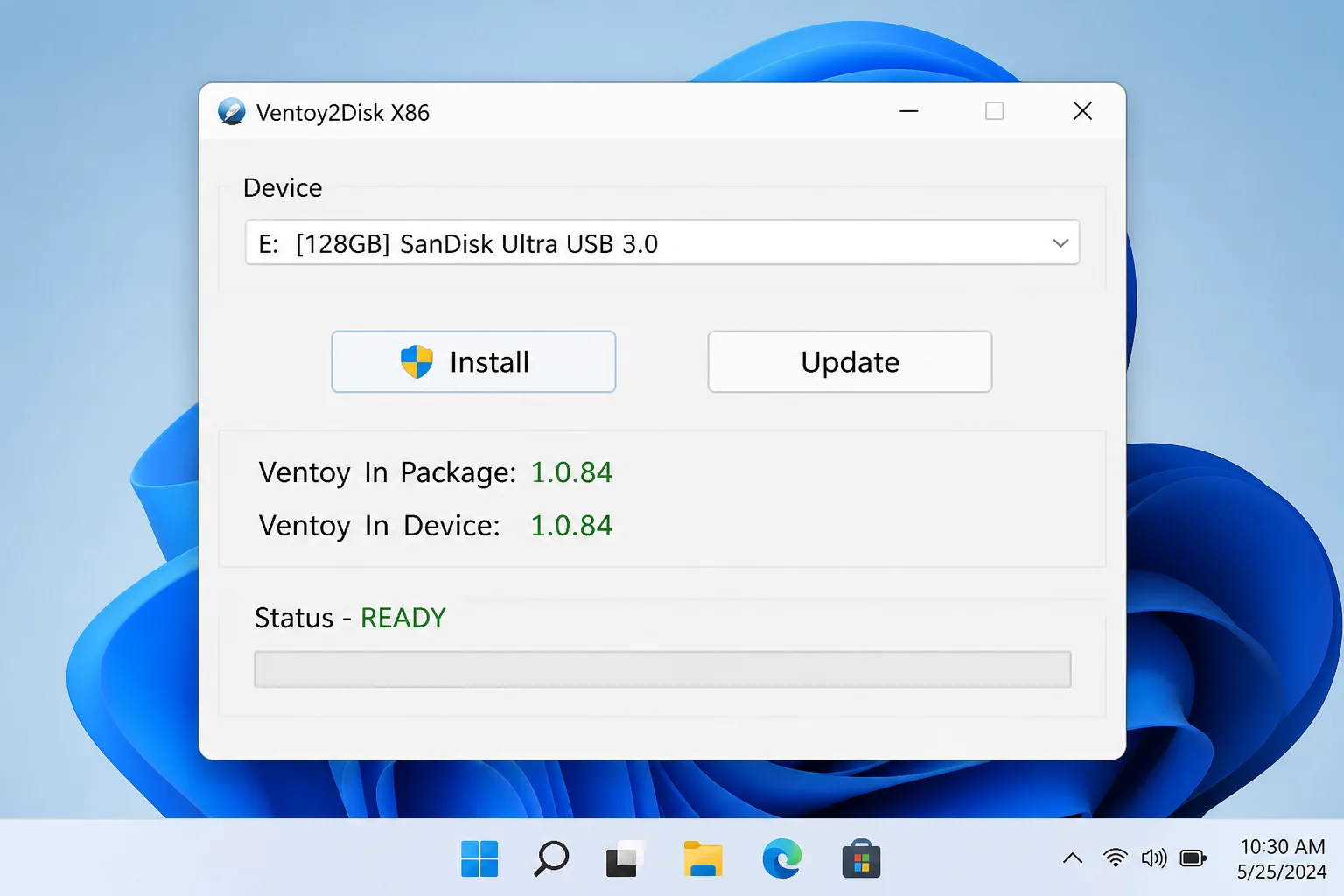 Ventoy2Disk.exe main window showing the Device dropdown at the top, Install and Update buttons, and the current Ventoy