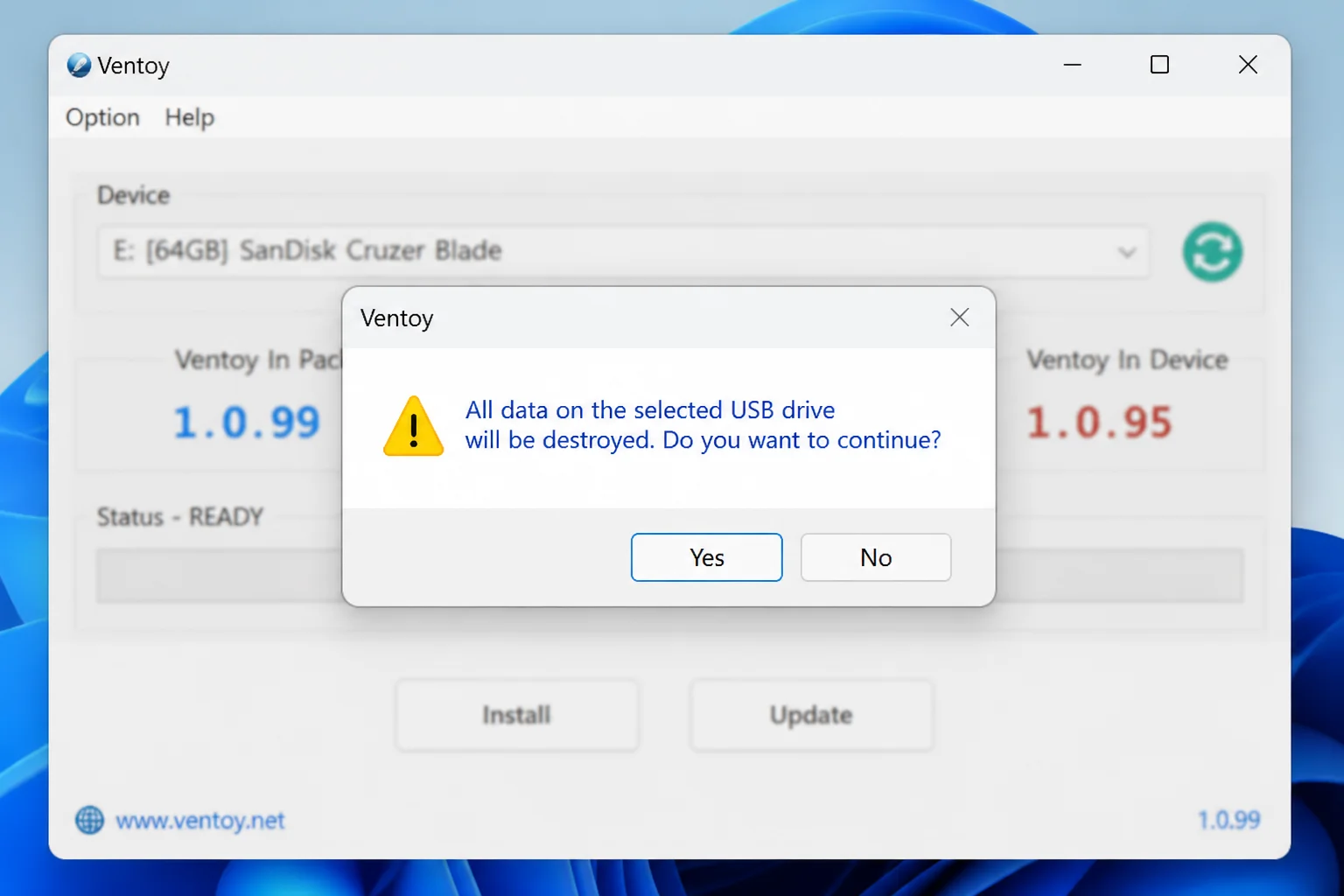 Ventoy warning dialog stating all data on the selected USB drive will be destroyed, with Yes and No buttons